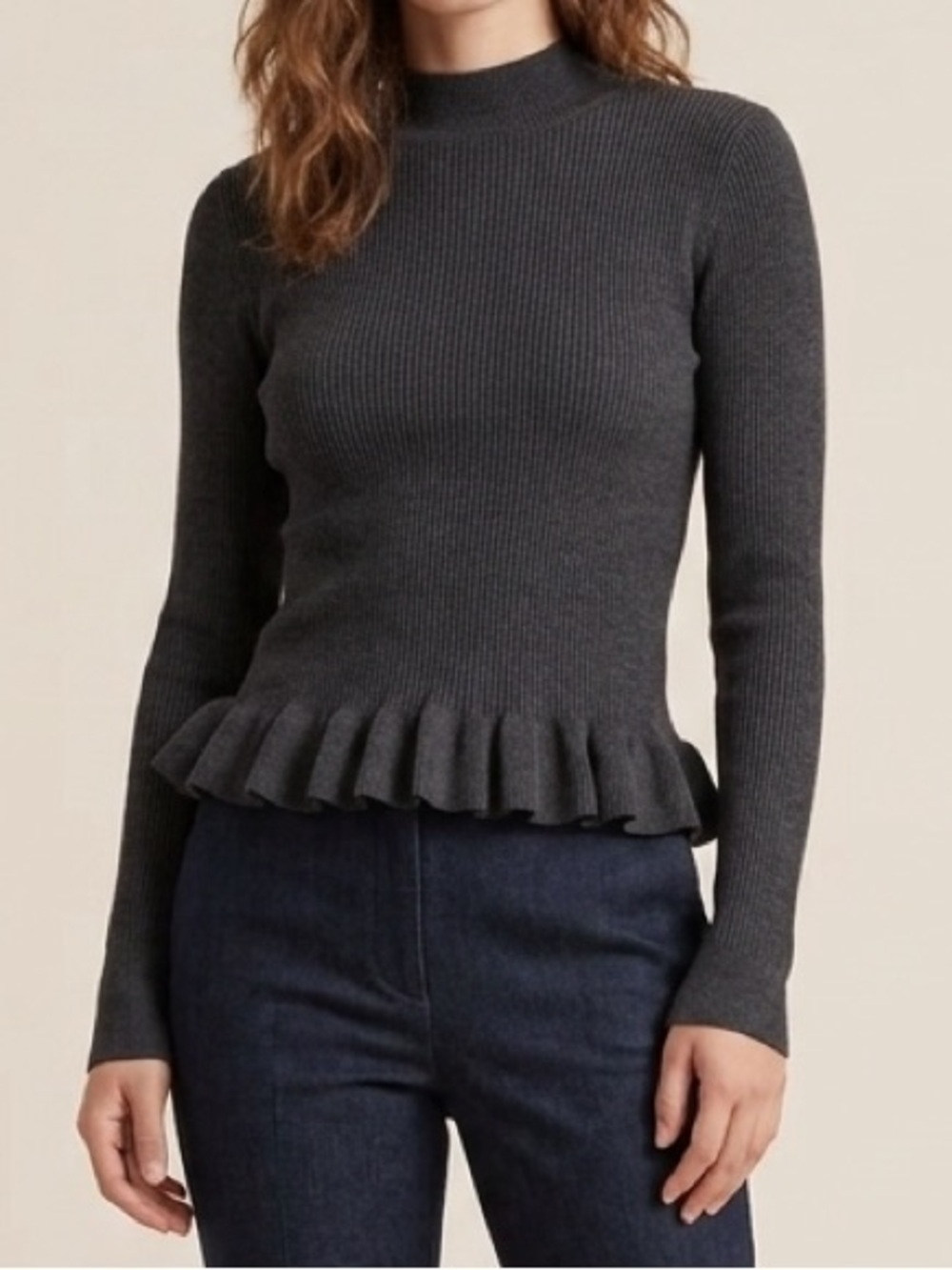 John + Jenn Medium Gray Top Ribbed Mock Neck Peplum Hem Long Sleeves